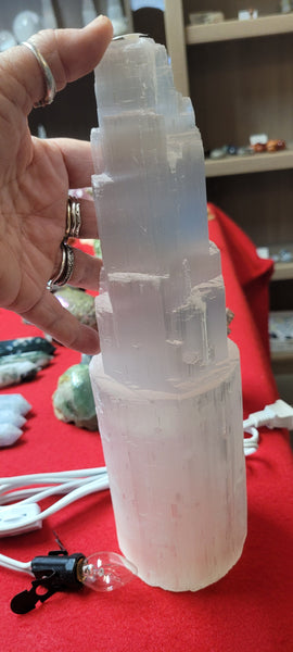 Selenite Skyscraper Lamp with cord and bulb  Med Size Approx 13 in.