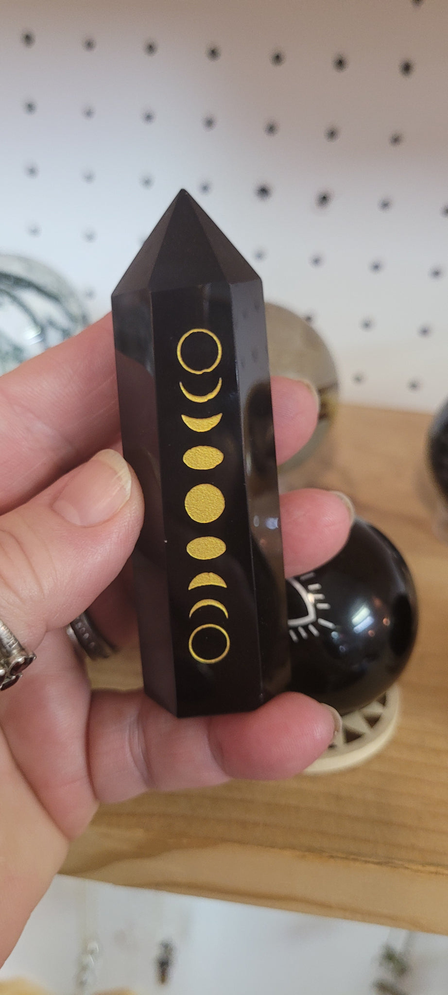 Black Obsidian Point with Gold Engraved Moon phases BC4