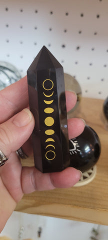 Black Obsidian Point with Gold Engraved Moon phases BC4