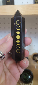 Black Obsidian Point with Gold Engraved Moon Phases BC3