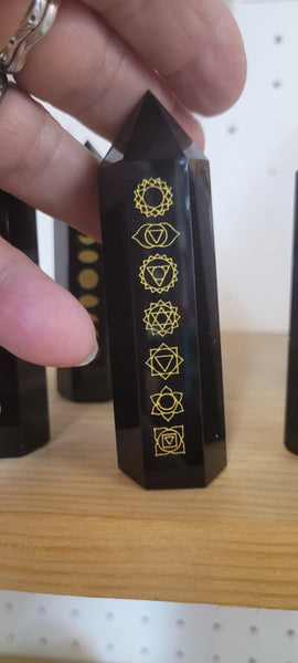 Black Obsidian Point with Engraved Chakra Symbols BC1