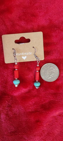 Earrings- Turquoise & Red Coral Earrings handmade by Jules TQ1