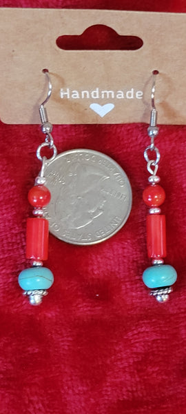 Earrings- Turquoise & Red Coral Earrings handmade by Jules TQ1