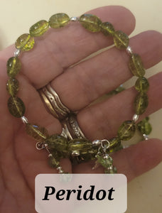 Bracelets- Peridot 6mm Bead Memory Wire with Dangles Bracelet - Random Pull - Adjustable Fits 7 in to 8 in