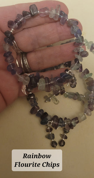 Bracelets- Rainbow Flourite Chips Memory Wire with Dangles Bracelet- Random Pull - Adjustable Fits 7 in to 8 in