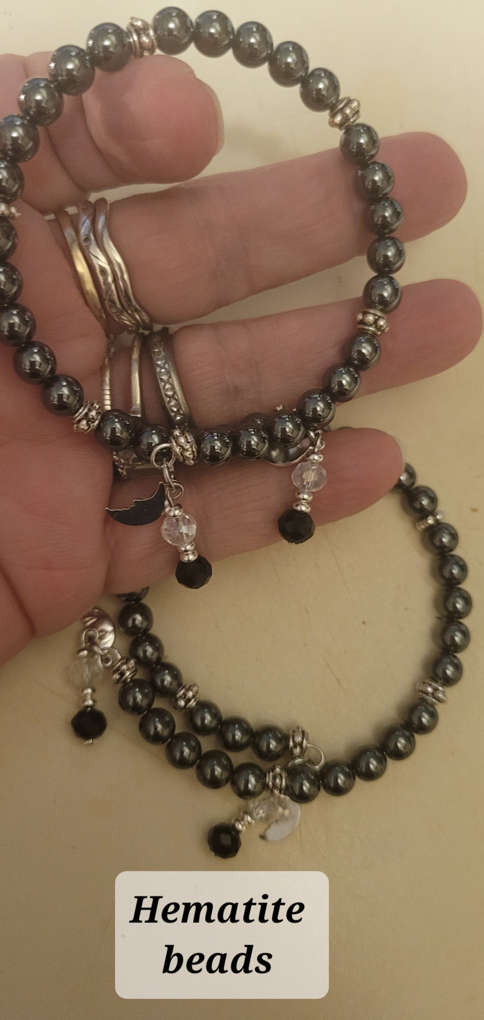 Bracelets- Hematite 6mm Bead Memory Wire with Dangles Bracelet- Random Pull - Adjustable Fits 7 in to 8 in