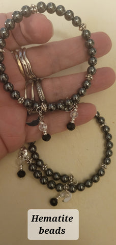 Bracelets- Hematite 6mm Bead Memory Wire with Dangles Bracelet- Random Pull - Adjustable Fits 7 in to 8 in