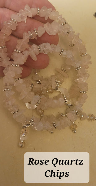 Bracelets- Rose Quartz Chips Memory Wire with Dangles Bracelet- Random Pull- Adjustable Fits 7 in to 8 in