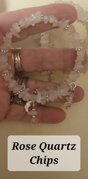 Bracelets- Rose Quartz Chips Memory Wire with Dangles Bracelet- Random Pull- Adjustable Fits 7 in to 8 in