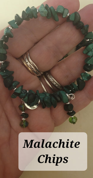 Bracelets - Malachite Chips Memory Wire with Dangles Bracelet- Random Pull - Adjustable Fits 7 in to 8 in