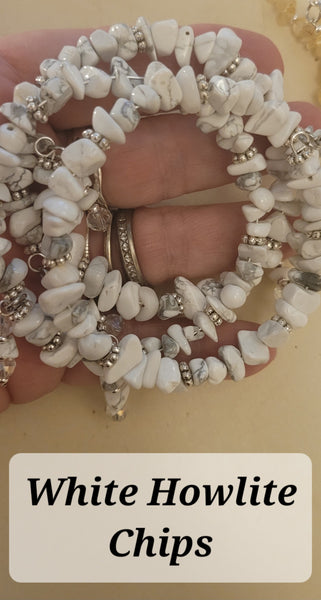 Bracelets- White Howlite Chips Memory Wire with Dangles Bracelet- Random Pull- Adjustable Fits 7 in to 8 in