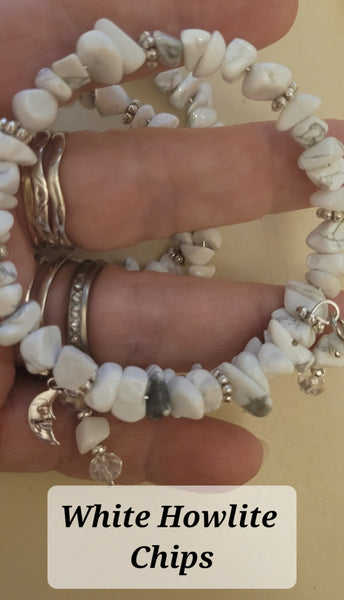 Bracelets- White Howlite Chips Memory Wire with Dangles Bracelet- Random Pull- Adjustable Fits 7 in to 8 in