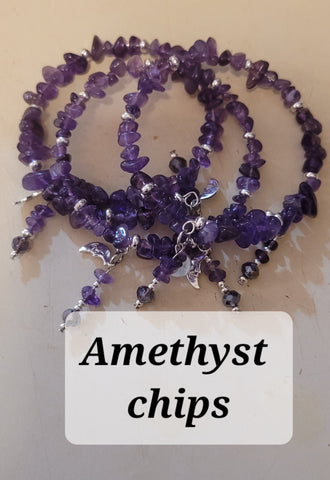 Bracelets- Amethyst Chips Memory Wire with Dangles Bracelet- Random Pull - Adjustable Fits 7 in to 8 in