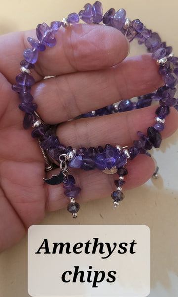 Bracelets- Amethyst Chips Memory Wire with Dangles Bracelet- Random Pull - Adjustable Fits 7 in to 8 in