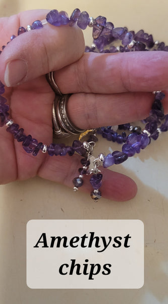 Bracelets- Amethyst Chips Memory Wire with Dangles Bracelet- Random Pull - Adjustable Fits 7 in to 8 in