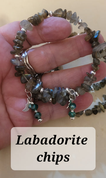 Bracelets - Labadorite Chips Memory Wire with Dangles Bracelet- Random Pull - Adjustable Fits 7 in to 8 in