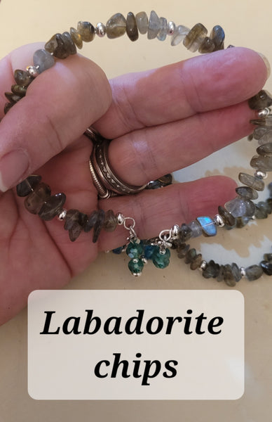 Bracelets - Labadorite Chips Memory Wire with Dangles Bracelet- Random Pull - Adjustable Fits 7 in to 8 in