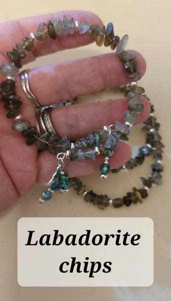 Bracelets - Labadorite Chips Memory Wire with Dangles Bracelet- Random Pull - Adjustable Fits 7 in to 8 in