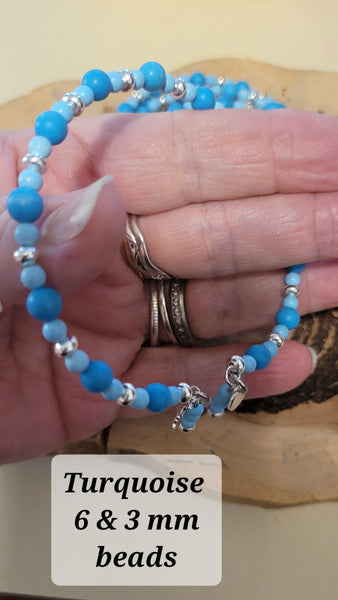 Bracelets- Turquoise 6 & 3 mm Bead Memory Wire with Dangles Bracelet- Random Pull - Adjustable Fits 7 in to 8 in (*Limited Edition*)(Limited Quantities)