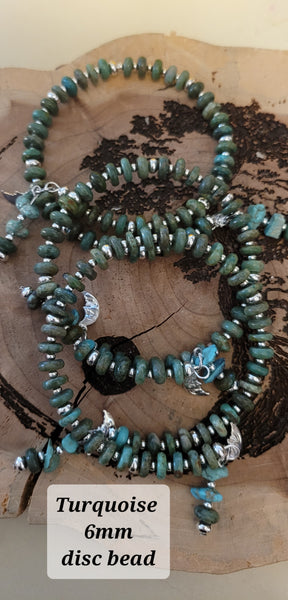 Bracelets- Turquoise 6mm Disc Bead Memory Wire with Dangles Bracelet- Random Pull - Adjustable Fits 7 in to 8 in (*Limited Edition*)(Limited Quantities)