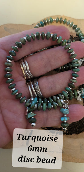 Bracelets- Turquoise 6mm Disc Bead Memory Wire with Dangles Bracelet- Random Pull - Adjustable Fits 7 in to 8 in (*Limited Edition*)(Limited Quantities)