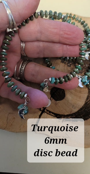 Bracelets- Turquoise 6mm Disc Bead Memory Wire with Dangles Bracelet- Random Pull - Adjustable Fits 7 in to 8 in (*Limited Edition*)(Limited Quantities)