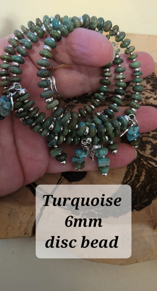 Bracelets- Turquoise 6mm Disc Bead Memory Wire with Dangles Bracelet- Random Pull - Adjustable Fits 7 in to 8 in (*Limited Edition*)(Limited Quantities)