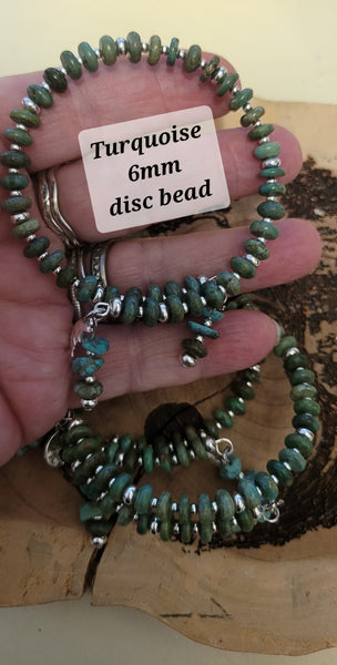 Bracelets- Turquoise 6mm Disc Bead Memory Wire with Dangles Bracelet- Random Pull - Adjustable Fits 7 in to 8 in (*Limited Edition*)(Limited Quantities)