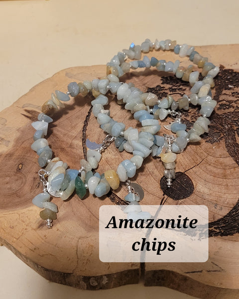 Bracelets- Amazonite Chip Memory Wire with Dangles Bracelet- Random Pull - Adjustable Fits 7 in to 8 in