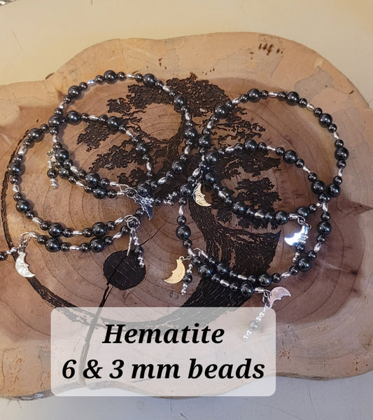 Bracelets- Hematite 6 & 3 mm Bead Memory Wire with Dangles Bracelet- Random Pull - Adjustable to fit 7 in to 8 in