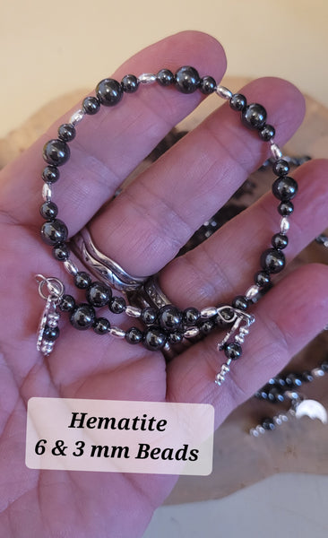 Bracelets- Hematite 6 & 3 mm Bead Memory Wire with Dangles Bracelet- Random Pull - Adjustable to fit 7 in to 8 in