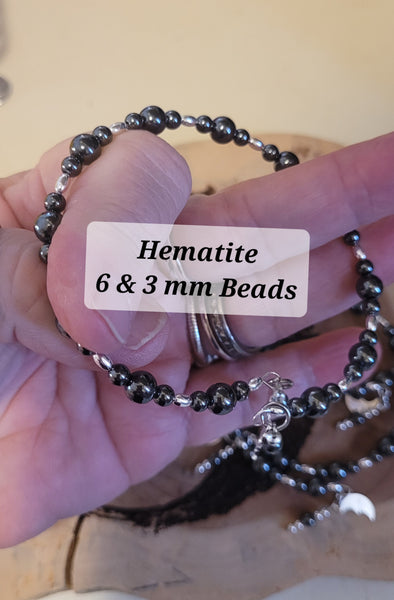 Bracelets- Hematite 6 & 3 mm Bead Memory Wire with Dangles Bracelet- Random Pull - Adjustable to fit 7 in to 8 in