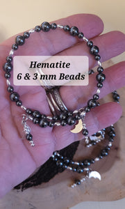 Bracelets- Hematite 6 & 3 mm Bead Memory Wire with Dangles Bracelet- Random Pull - Adjustable to fit 7 in to 8 in