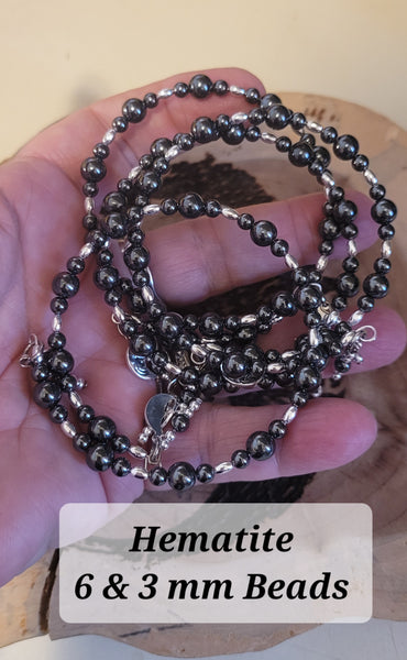 Bracelets- Hematite 6 & 3 mm Bead Memory Wire with Dangles Bracelet- Random Pull - Adjustable to fit 7 in to 8 in