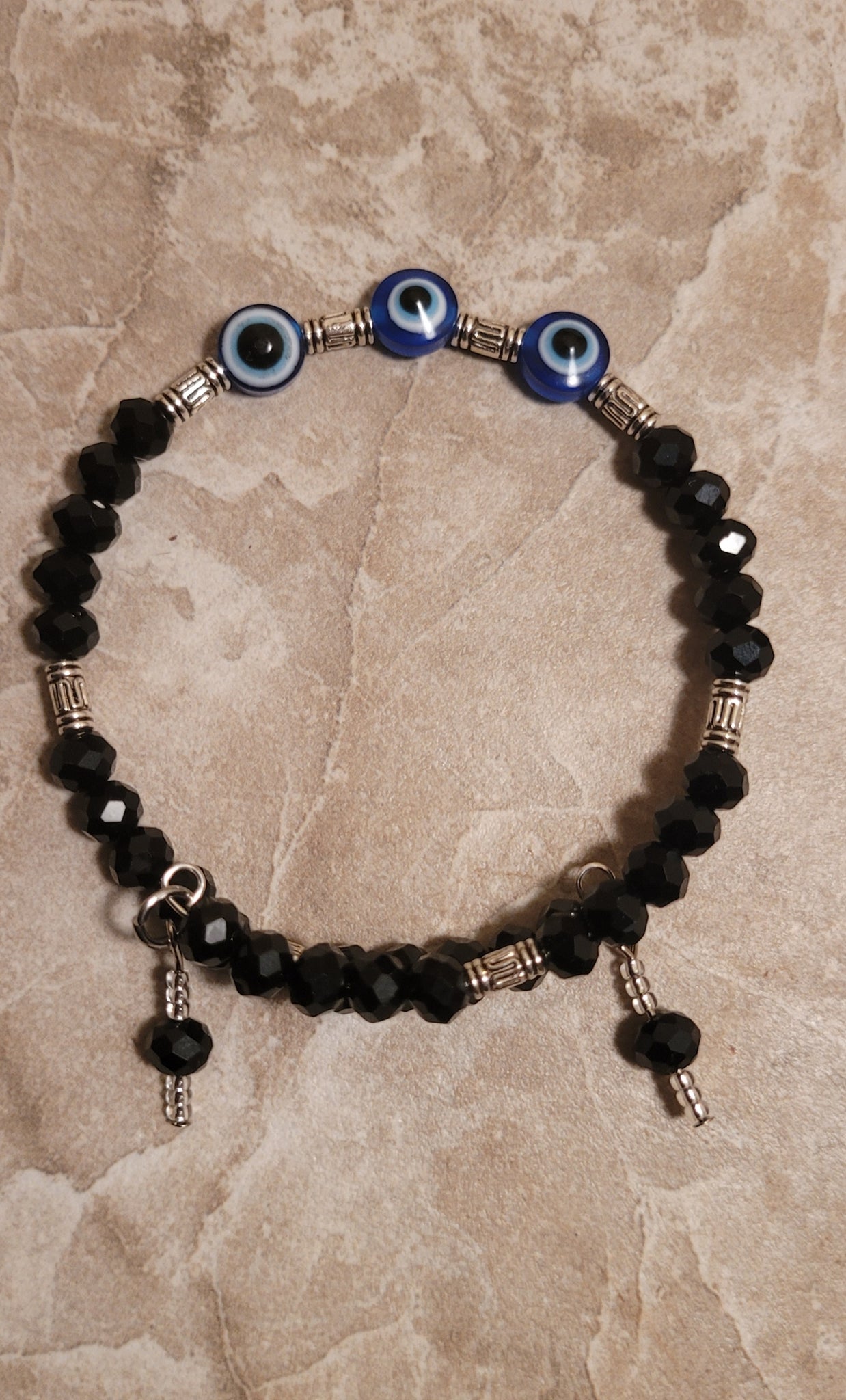 Bracelets- Evil Eye & 6mm Czech Glass bead Memory Wire with Dangles Bracelet- Adjustable Fits 7 in to 8 in