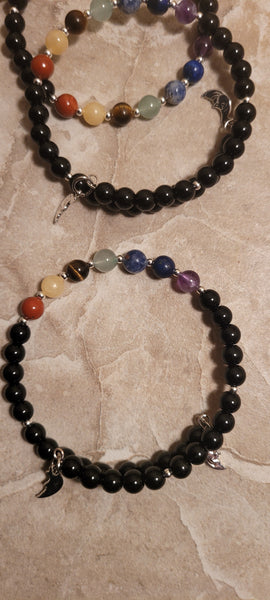 Bracelets- Chakra & Black Onyx 6 mm Bead Memory Wire with Moon Charms Bracelet- Adjustable Fits 7 in to 8 in - Handmade by Jules ✨️