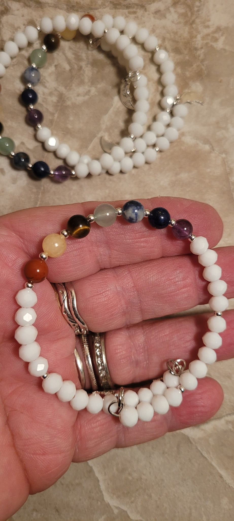 Bracelets- Chakra & White Czech 6 mm Bead Memory Wire with Moon Charm Bracelet ✨️- Adjustable Fits 7 in to 8 in - Handmade by Jules