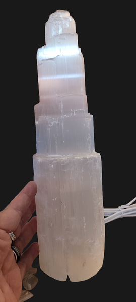 Selenite Skyscraper Lamp with cord and bulb  Med Size Approx 13 in.