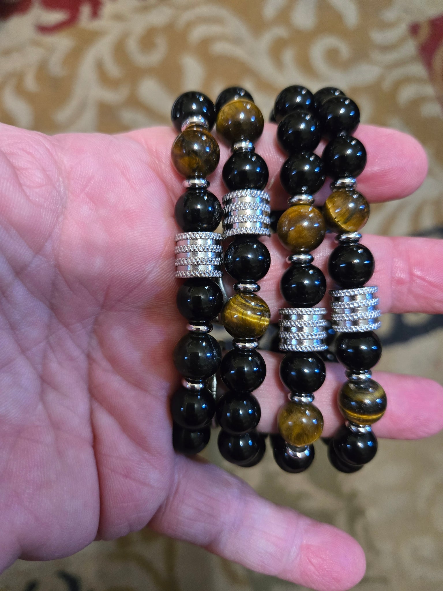 Gemstone Bracelets- Black Tourmaline with Tiger Eye & Stainless Steel Accent Bead 10mm Bracelet - Unisex