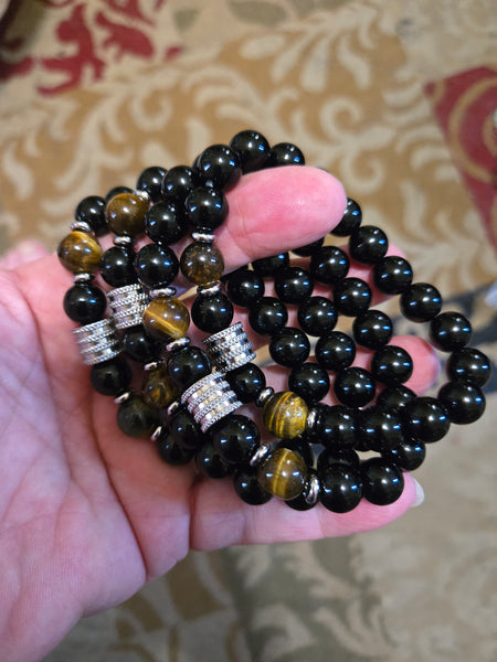 Gemstone Bracelets- Black Tourmaline with Tiger Eye & Stainless Steel Accent Bead 10mm Bracelet - Unisex