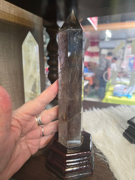 Smokey Quartz Tower in Wooden Base