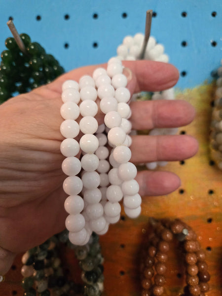 Gemstone Bead Bracelets- White Jade 8mm Bead Bracelet  Fits up to 7.5 in