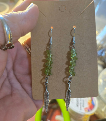 Gemstone Earrings - Peridot Chip Earrings with Dangling Feather Charm- Handmade by Jules