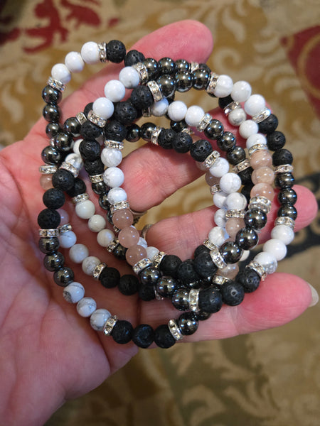 Gemstone Bracelets- Assorted Mix- Sunstone-Hematite-Lava-White Howlite 6mm Bead Bracelet