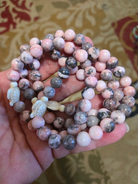 Gemstone Bracelets- Rhodocrosite with Howlite Turtle 8mm Bead Bracelet