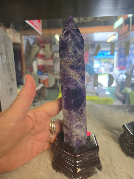 Dream Amethyst Tower in Wooden Base