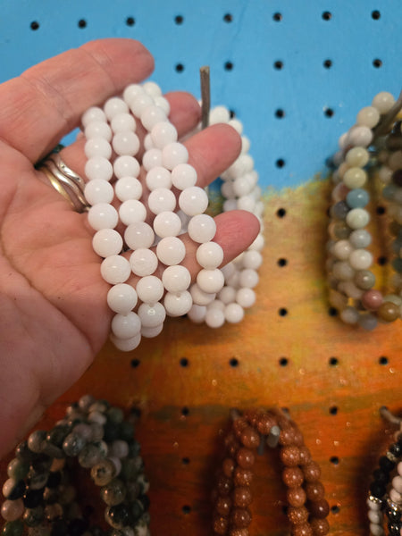 Gemstone Bead Bracelets- White Jade 8mm Bead Bracelet  Fits up to 7.5 in