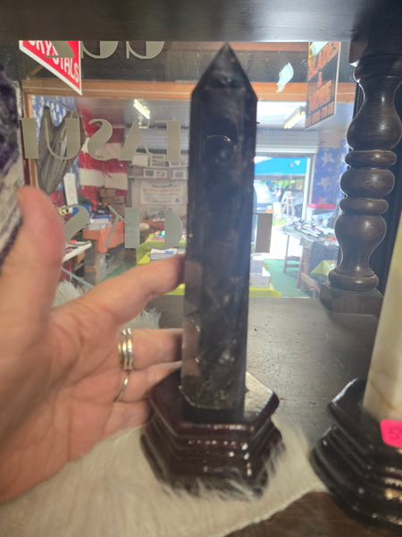 Smokey Quartz Tower in Wooden Base
