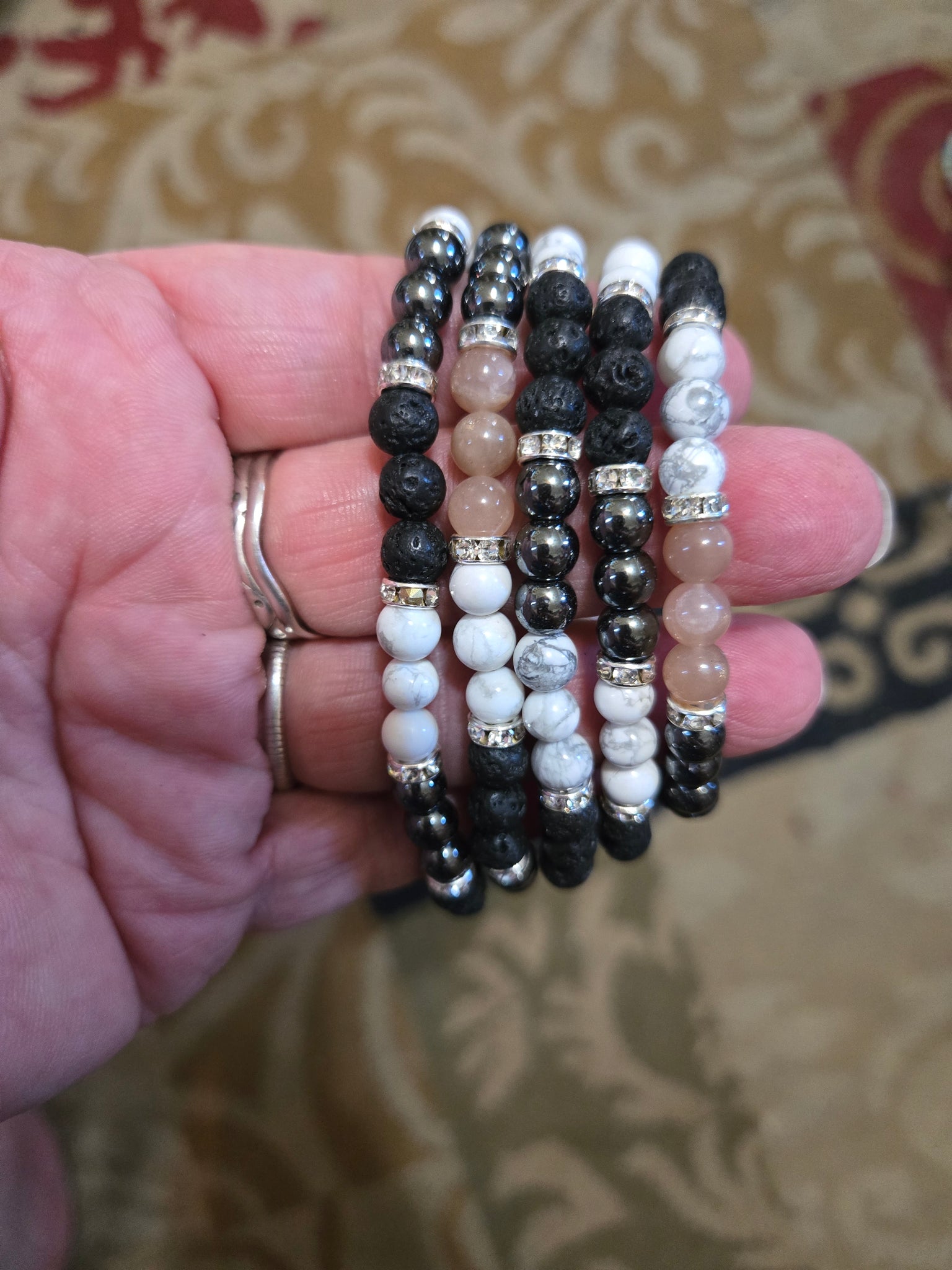 Gemstone Bracelets- Assorted Mix- Sunstone-Hematite-Lava-White Howlite 6mm Bead Bracelet
