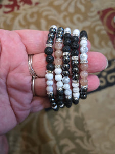 Gemstone Bracelets- Assorted Mix- Sunstone-Hematite-Lava-White Howlite 6mm Bead Bracelet